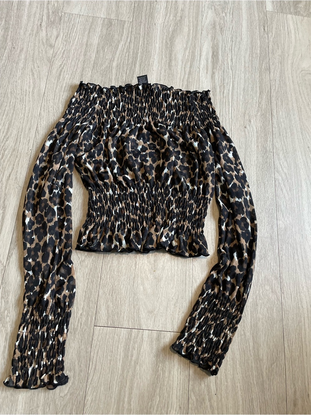 Express Leopard Smocked Off-Shoulder Top - Black & Brown